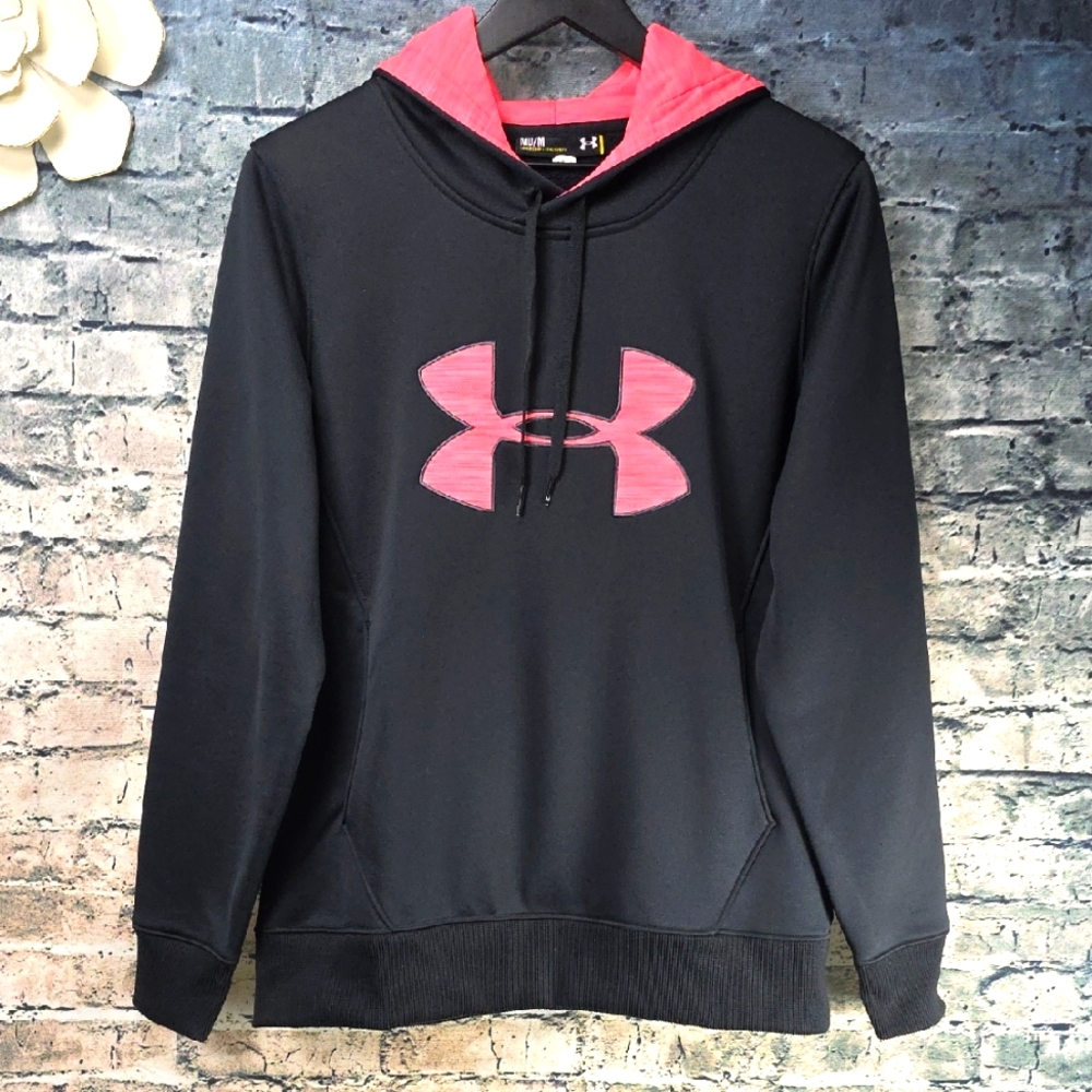Under Armour | Fleece Lined Black And Neon Red Pullover Hooded Sweatshirt